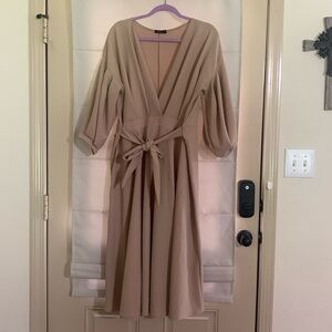 Boohoo Plus Beige Wrap Midi Dress Size 24 Balloon Sleeve Tie Waist